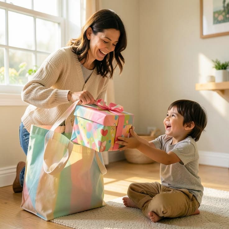 Mãe dando presente ao filho